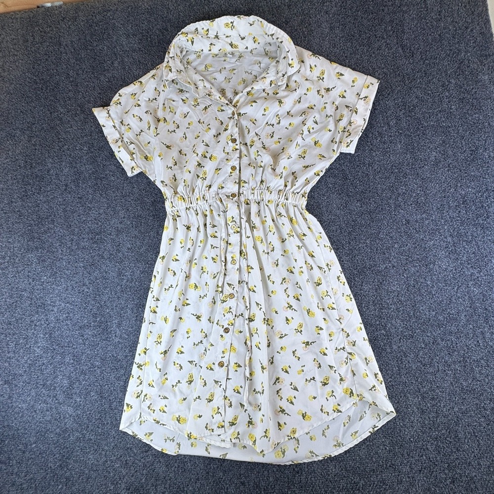 MPH Collection‎ Shirt Dress M White Yellow Floral Elastic Waist Button Front